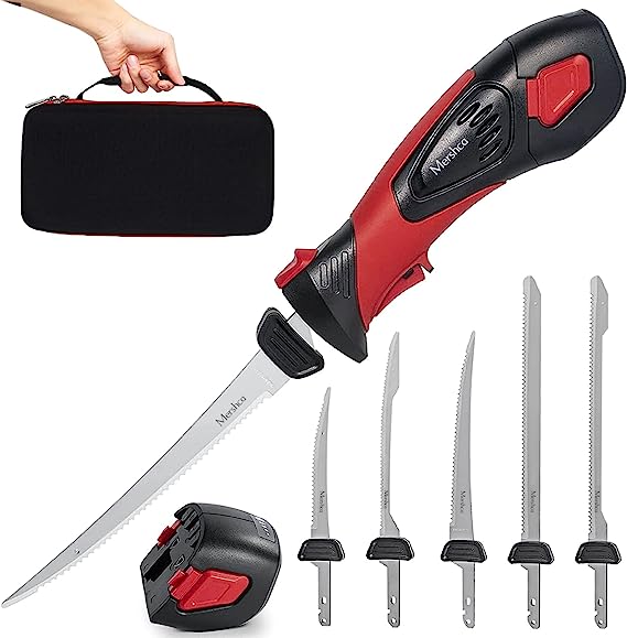 Mershca Cordless Electric Fillet Knife, with 5 Ti-Nitride S.S. Coated Non-Stick Reciprocating Blades & Cooling Hole Non-Slip Grip Handle & Practical handbag, Rechargeable Electric Knife for Fishing