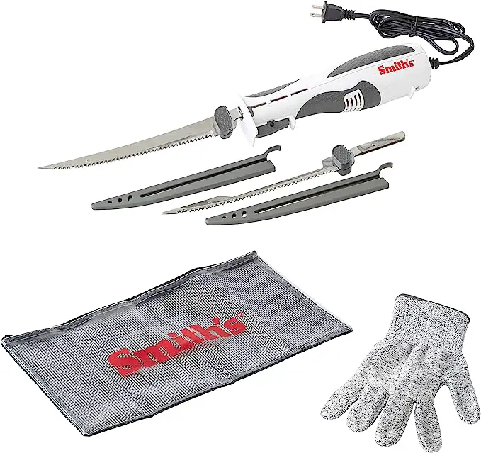 Smith's Lawaia Electric Fillet Knife 51233-2 Removable 8” Serrated Stainless Steel Blades w/Sheath - Fillet Glove & Mesh Storage Bag - Fishing, Outdoor, Hunting Electric Knife - 6 ft Power Cord, White